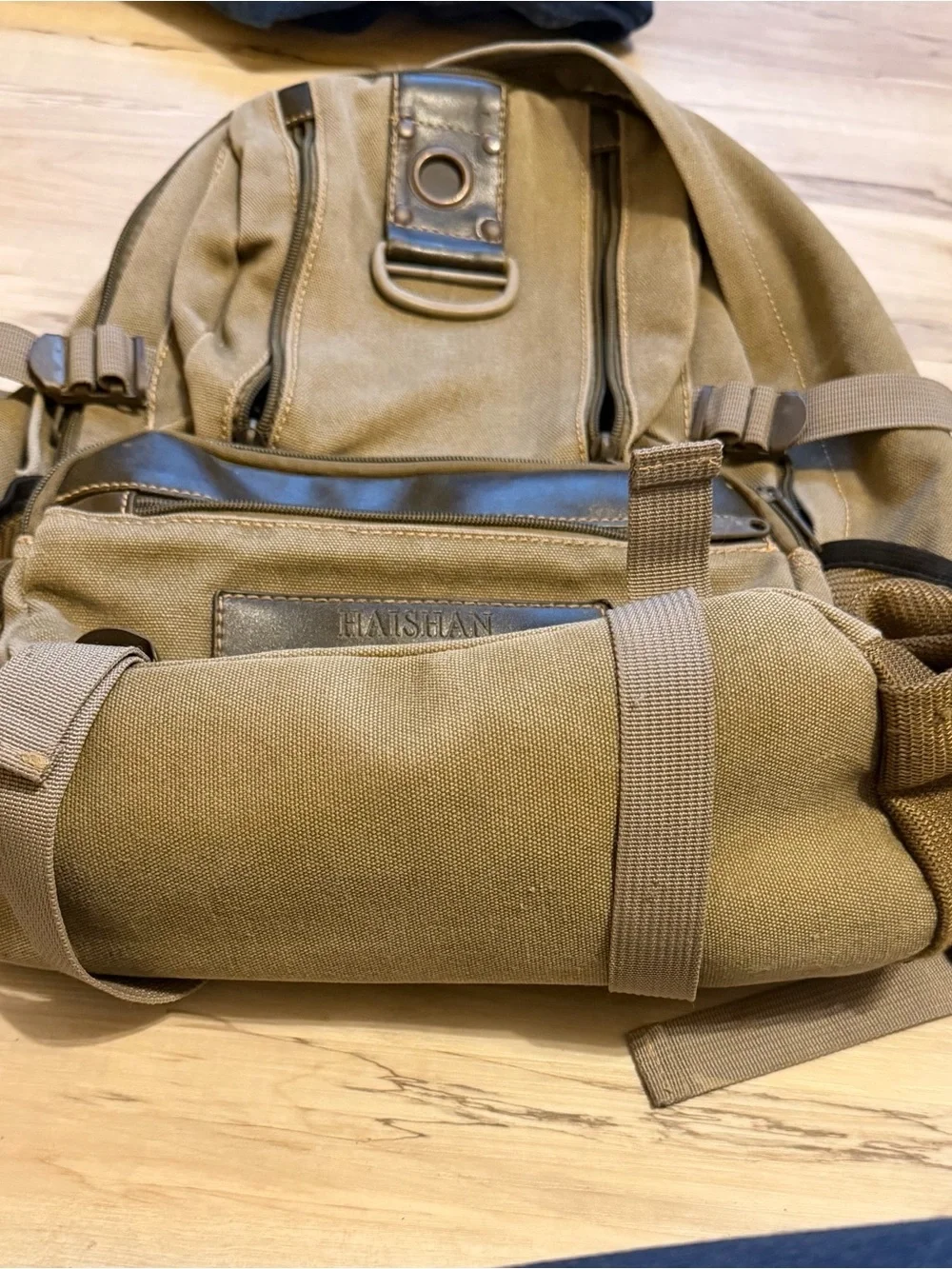 HAISHAN Sport Canvas & Leather Backpack in Olive with Dark Brown Accents